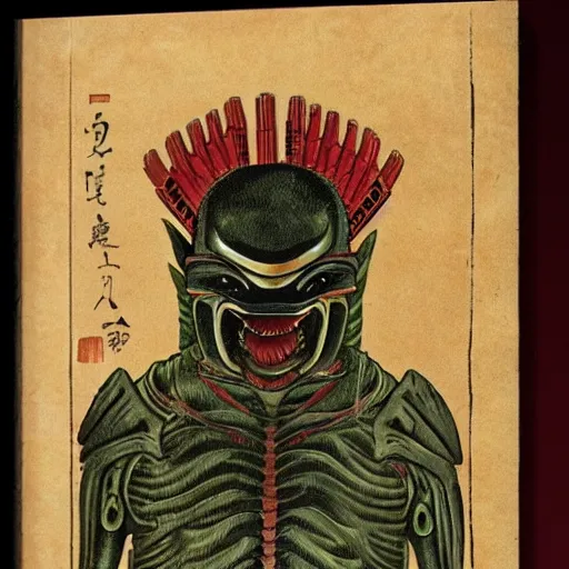 Prompt: the alien from the predator movie in the edo period. realistic.