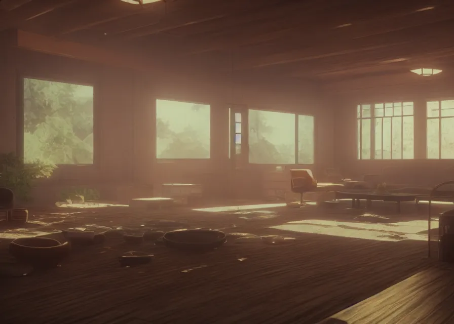 Prompt: interior of a 1 9 7 0 s conversation pit, makoto shinkai, dusty