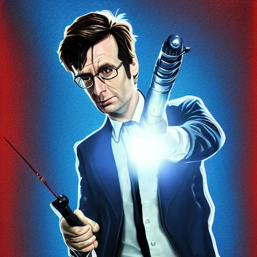 Image similar to Portrait of The Tenth Doctor stepping out of the Tardis and holding a sonic screwdriver, artstation, high definition, 4k, sharp focus