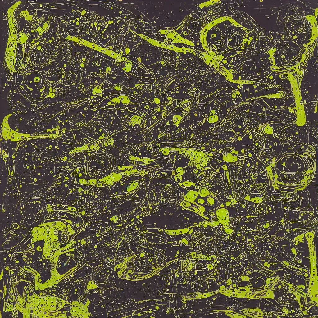 Image similar to toads, big toad, mechanical, technical, abstract, acrylic, oil, circuit board, lines, vektroid album cover, dots, drips, dimensions, tears, leaks, glitches, frogs, amphibians, geometry, data, datamosh, motherboard, minimal, vinyl, code, cybernetic, painting, dark, eerie, cyber