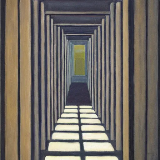 Image similar to first person view of a stark concrete maze, soy sauce brewery, grant wood, pj crook, edward hopper, oil on canvas