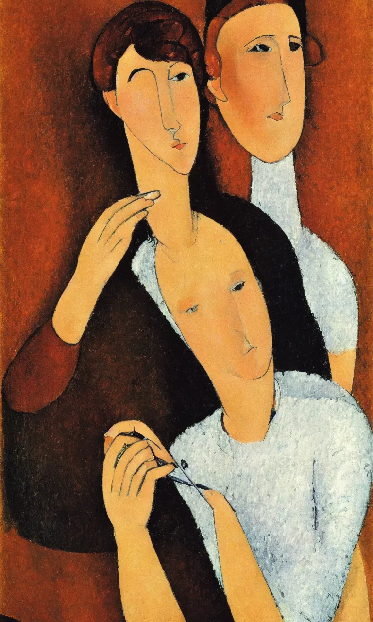 Image similar to amedeo modigliani. close up portrait of a woman with brown hair and a blue rollneck sweather holding an iphone in her hand. very soft brush.