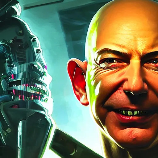 Prompt: front view, vicious, crazy laughing portrait of Jeff Bezos as a cyberpunk 2077 loading screen, symmetry, ominous, intricate, studio, art by anthony macbain + greg rutkowski + alphonse mucha, concept art, 4k, sharp focus