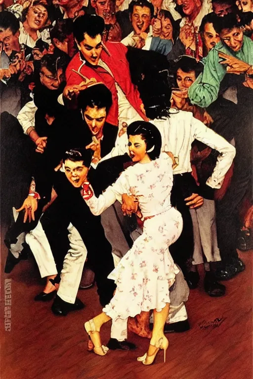 Image similar to elvis presley dancing painted by norman rockwell