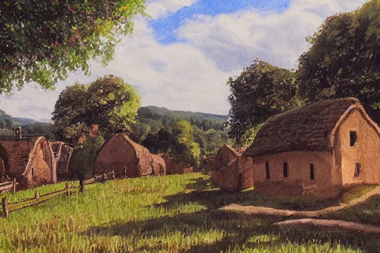 Image similar to painting of a wide shot of a rural countryside village in the style of carl valente