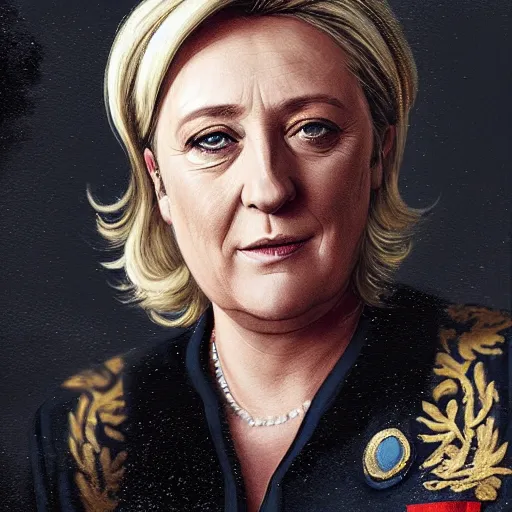 Image similar to Portrait of Marine le Pen as emperor of France , amazing splashscreen artwork, splash art, head slightly tilted, natural light, elegant, intricate, fantasy, atmospheric lighting, cinematic, matte painting, by Greg rutkowski