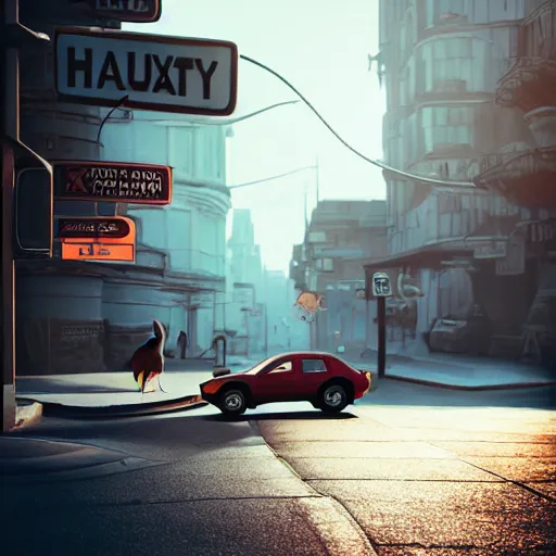 Prompt: car fox panhandling, 3 d model, concept art, unreal engine, artstation, dirty street corner, photorealistic, evening light, dynamic shadows, 4 k