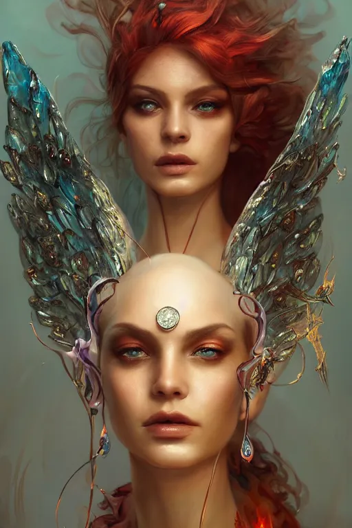 Prompt: face closeup of beautiful model wearing glass and fire dress, face in blood sorcerer, diamonds, angel, fantasy, dramatic lighting, highly detailed, digital painting, holding electricity, magic the gathering, hyper detailed, 3 d render, hyper realistic detailed portrait, peter mohrbacher, wlop, ruan jia