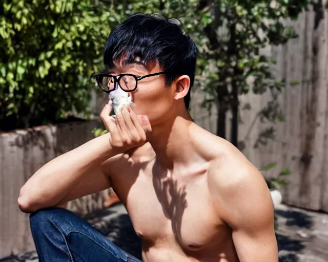 Prompt: mr chen smoke weed and meditate in the garden, he has short dark black hair, young, wears glasses, detailed glad face, muscular chest, pregnant belly, golden hour closeup photo, tank top, eyes wide open, ymmm and that smell