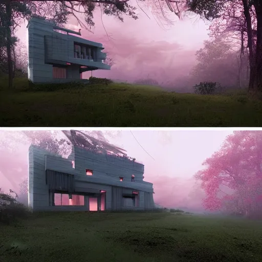 Image similar to modernist house inspired by a tibetan palace between big trees, light pink clouds, dramatic lighting, artstation, matte painting, raphael lacoste, simon stalenhag, frank lloyd wright, zaha hadid