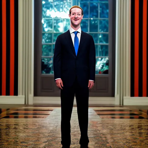 Prompt: Mark Zuckerberg the president of the united states wearing a black suit with a US Flag pin, EOS-1D, f/1.4, ISO 200, 1/160s, 8K, RAW, unedited, symmetrical balance, in-frame, Photoshop, Nvidia, Topaz AI