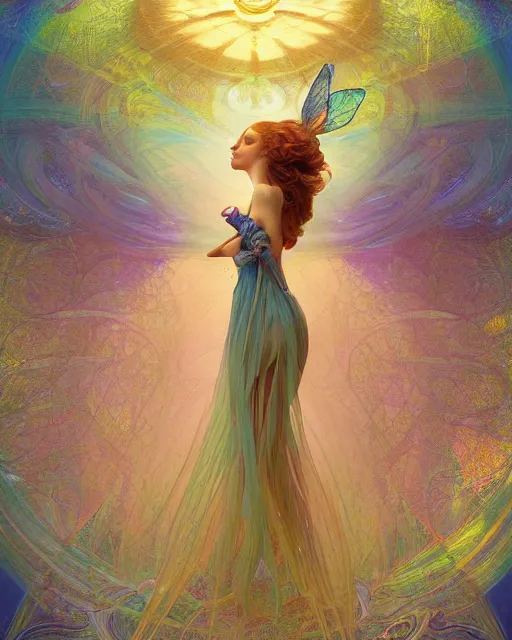 Image similar to a beautiful fairy in a morning dreamland, coherent design, symmetrical, vivid color, complementary color, golden ratio, detailed, sharp lines, intricate, rainbowshift, by james gurney, by brian froud, by peter mohrbacher, by alphonse mucha, by maxfield parrish, by karol bak, waterhouse, deviantart, octane render