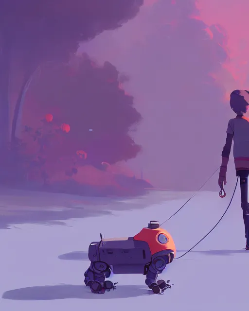 Image similar to a robot taking his dog for a stroll through nature, cory loftis, james gilleard, atey ghailan, makoto shinkai, goro fujita, character art, rim light, exquisite lighting, clear focus, very coherent, plain background, soft painting