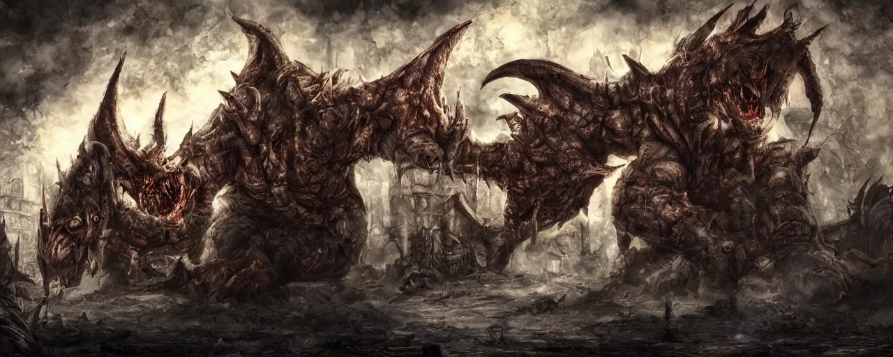 Image similar to concept art of bowser with huge horns and scales and talons in a ruined kingdom, resident evil, horror, occult, terror, mist, volumetric render, digital painting, detailed painting