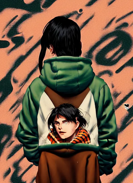 Image similar to highly detailed portrait of a cloudpunk young seattle lady, tartan hoody, by atey ghailan, by greg rutkowski, by greg tocchini, by james gilleard, by joe fenton, by kaethe butcher, gradient green, brown, blonde crea, orange, brown and white color scheme, grunge aesthetic!!! ( ( graffiti tag wall background ) )