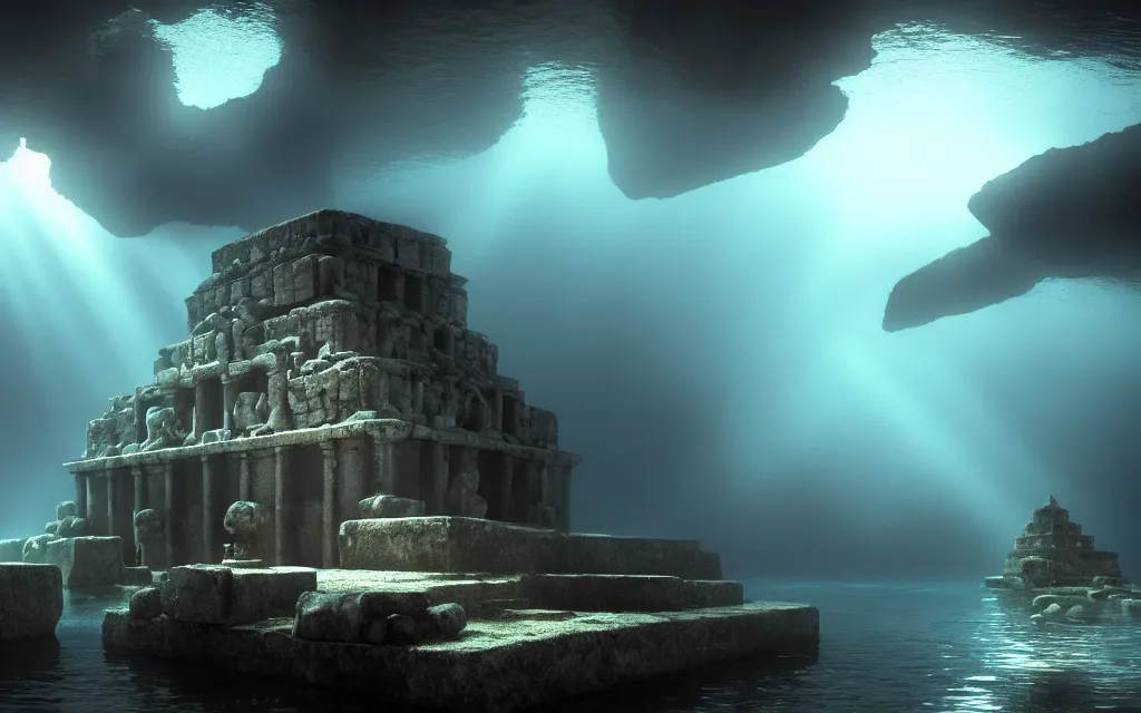 Prompt: wide shot, submerged pre - incan temple, dark, grenada underwater sculpture park, bubbles, abyss, stylized, anime style mixed with fujifilm, detailed gouache paintings, crepuscular rays, dark, murky, foggy, atmospheric, artstation, cgsociety, octane render, cgi, unreal engine 5, denoise, cinematic masterpiece