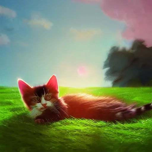 Prompt: kitten sleeping on the green grass, pink clouds backlit by yellow sun, nostalgic, calming, aesthetic, volumetric fog, godrays, high contrast, high contrast, high contrast, vibrant colors, vivid colors, high saturation, by Greg Rutkowski and Jesper Ejsing and Raymond Swanland and alena aenami, featured on artstation, wide angle