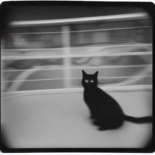 Image similar to black cat in a rollercoaster. polaroid. bleak.