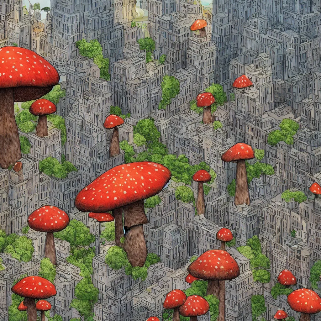 Prompt: a giant mushrooms in the city, highly detailed, illustration, 8k