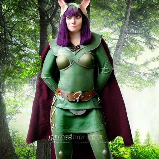 Prompt: athena as a medieval fantasy wood elf, dark purplish hair tucked behind ears, wearing a green tunic with a fur lined collar and brown leather armor, wide, muscular build, scar across nose, one black, scaled arm, cinematic, character art, digital art, forest background, realistic. 8 k,