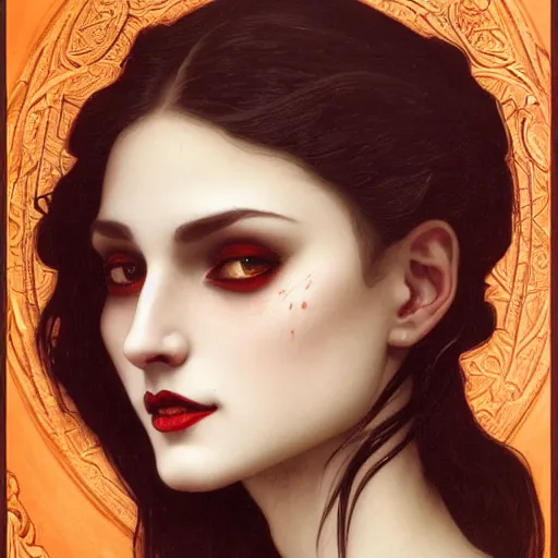 Prompt: portrait of a sexy female vampyre with blood trickling from the side of her lips, mouth parted, intricate, elegant, highly detailed, digital painting, artstation, concept art, smooth, sharp focus, illustration, art by artgerm and greg rutkowski and alphonse mucha and william - adolphe bouguereau