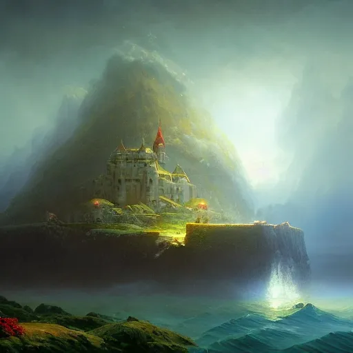 Prompt: ''cinematic shot'' of a floating small island with big castle on top of it made of vegetation made by ivan aivazovsky, peter mohrbacher, greg rutkowski volumetric light effect broad light oil painting painting fantasy art style sci - fi art style realism premium prints available artwork unreal engine