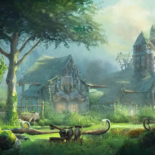 Prompt: concept art of a fantasy farm, wlop style