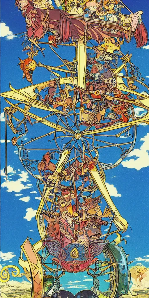 Prompt: a mystical chariot drawn by foxes in japan, 1990s anime, full color, tarot card the chariot,