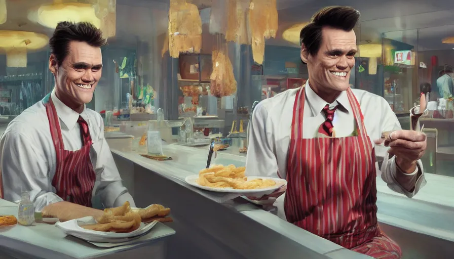 Prompt: Jim Carrey work as a waiter at Mcdonalds, hyperdetailed, artstation, cgsociety, 8k