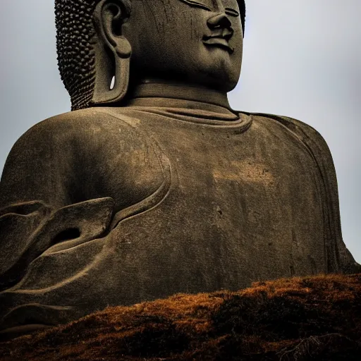 Image similar to huge stone buddha statue on a cliff, rule of thirds, 8 k, moody, water, intense color, highly detailed, dream landscape, wide, cinematic, hyperrealistic, stone, old ruins,