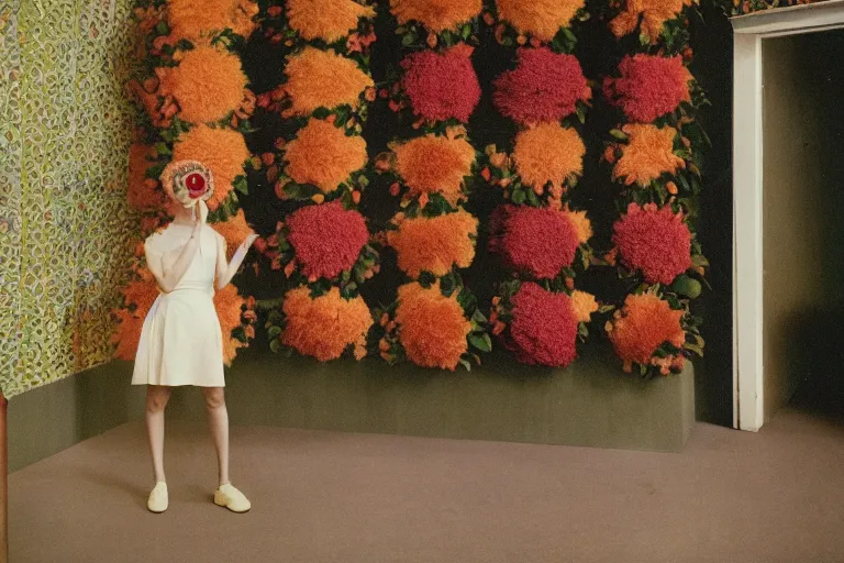 Image similar to giant flower head, girl standing in 1 9 6 0 s hotel, surreal photography, symmetry, mid century, liminal space, bright colours, wes anderson