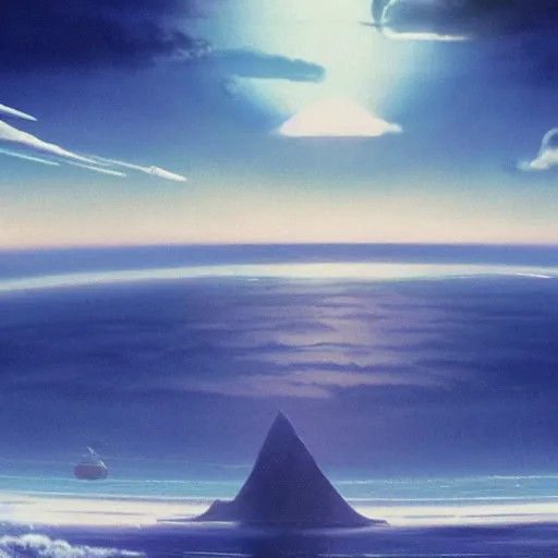 Image similar to beautiful matte painting of a dreamy ocean with clouds, sci - fi, daylight, blue sky, cinematic lighting, cinematic perspective big black planet above, syd mead, john harris, federico pelat, detailed, 4 k, hd