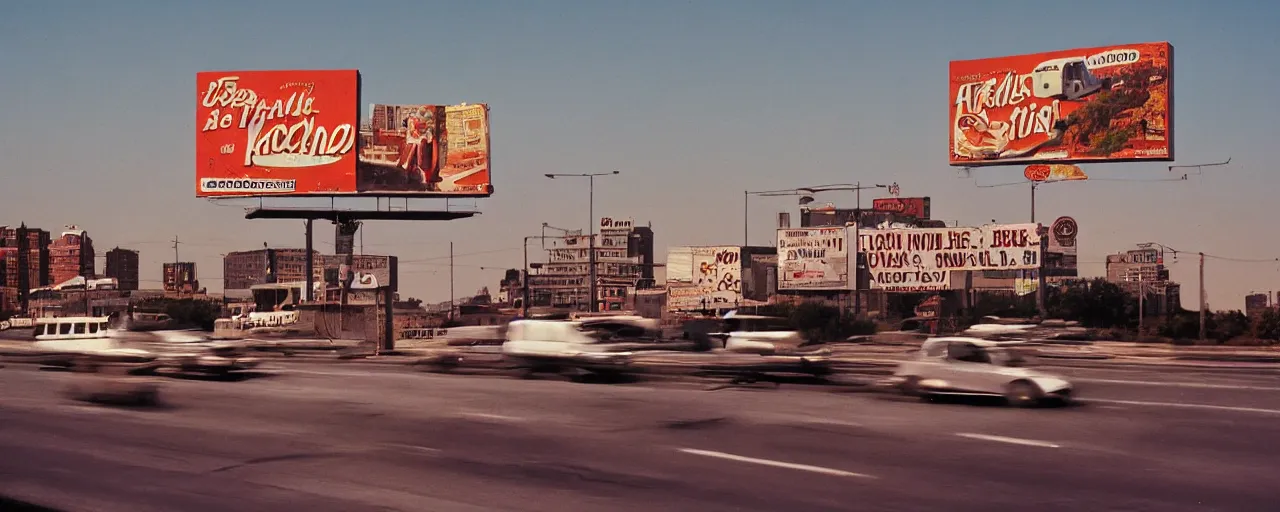 Prompt: spaghetti billboard advertisement, highway, sunset, canon 2 0 mm, kodachrome, in the style of wes anderson