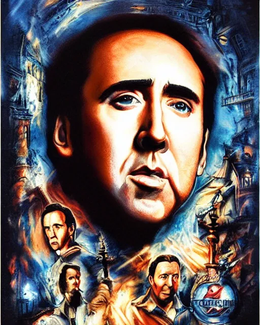 Image similar to nicolas cage in national treasure, airbrush, drew struzan illustration art, key art, movie poster