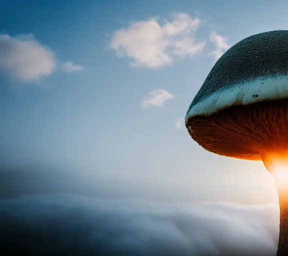 Prompt: a giant mushroom covers a whole kingdom and reaches above the clouds. intricate. lifelike. soft light. sony a 7 r iv 5 5 mm. cinematic post - processing