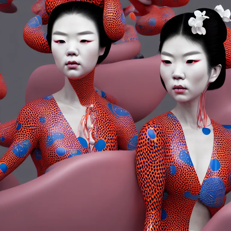 Image similar to hyperrealistic detailed image of a geisha in a art installation room, hd smooth interior by yayoi kusama, part by kei mieno, part by ross tran, dark art by james jean, ultra realistic, highly detailed, life like face, detailed body, 8 k, 3 d render by roger magrini, masterpiece