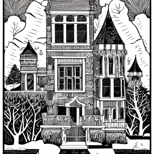 Image similar to mcbess illustration of a gothic mansion with an ansel adams backdrop