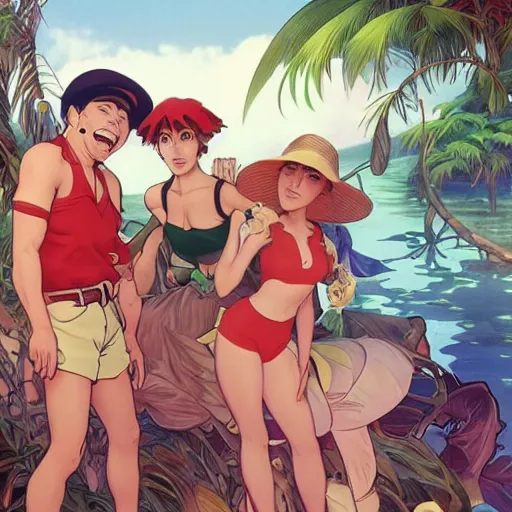 Image similar to gilligan's island anime frame by hayao miyazaki, art by stanley lau and artgerm and magali villeneuve and alphonse mucha, artstation, octane render, cgsociety