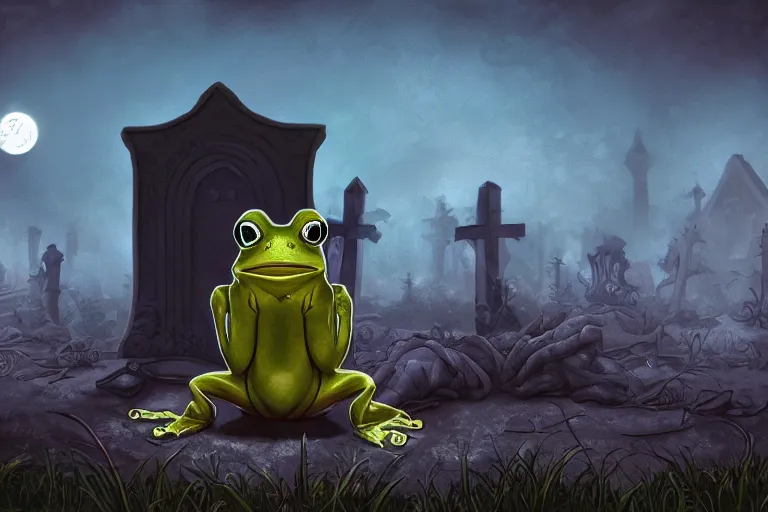 Image similar to an ultra detailed animation of a cartoon frog in a graveyard at midnight on halloween, digital art, dark fantasy, concept art, soulslike, by alphonse mucha, blood moon eclipse, ruined building in the background, artstation, 8 k, unreal engine render