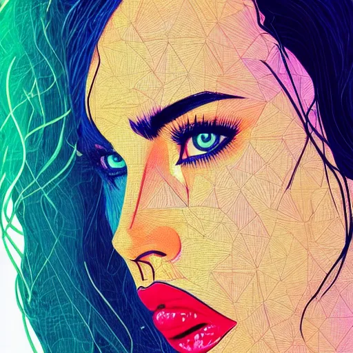 Prompt: megan fox colourful portrait by arunas kacinskas and mallory heyer, geometrical shapes and lines and small detailes, graphic design, sketch, minimalistic, procreate, digital illustration, vector illustration, doodle, pop, graphic, street art