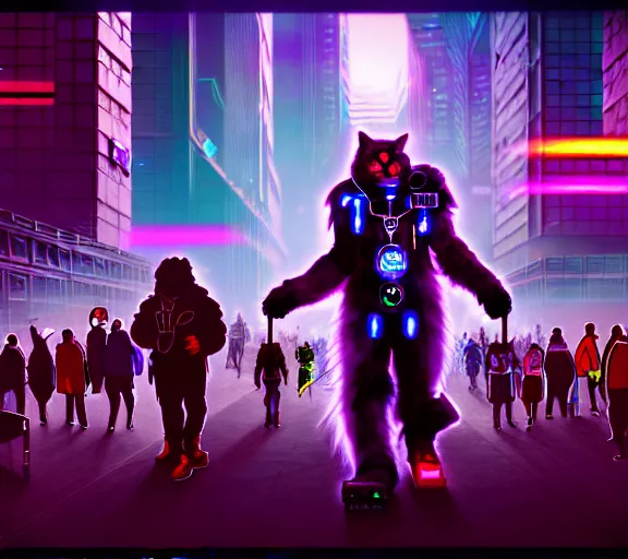 Image similar to high - resolution photograph from a cyberpunk era furry fandom convention ( midwest furfest 2 0 4 7 ), taking place after the genetic revolution and quantum singularity. photorealistic.