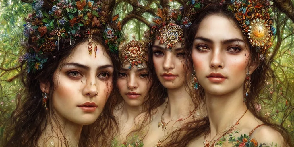 Image similar to a portrait of a group of female gypsies bathing in a forest lake by karol bak and jia ruan, beautiful detailed eyes, photorealistic, fantasy, intricate, elegant, highly detailed, digital painting, 4 k, hdr, concept art, detailed jewelry, smooth, sharp focus, illustration, art by artgerm