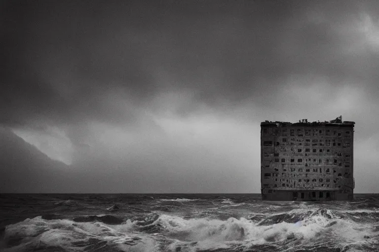 Image similar to danila tkachenko, low key lighting, an abandoned high soviet apartment building in the middle of the stormy ocean, a shipwreck, storm, lighning storm, crashing waves, dramatic lighting