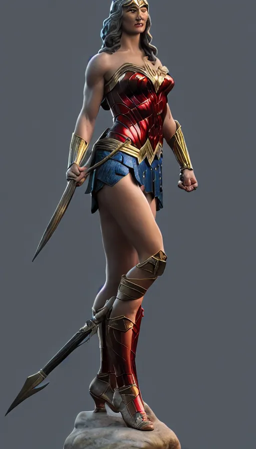 Image similar to marble statue of wonder woman, full body length, hyper detailed, digital art, trending in artstation, cinematic lighting, studio quality, smooth render, unreal engine 5 rendered, octane rendered, art style by klimt and nixeu and ian sprigger and wlop and krenz cushart