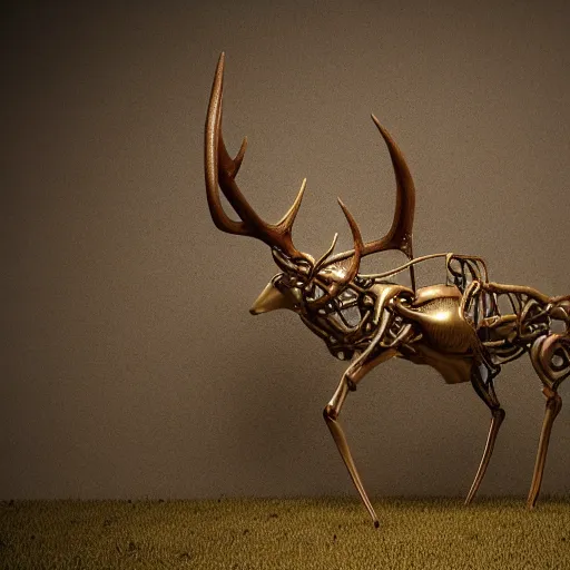 Image similar to hyperealistic sculpture of a deer with rusty pipes extruding from its body, body horror, mechanical bodies, scary, disturbing, eerie 8K, full hd, 3D render, SCP Foundation, found footage, living creature