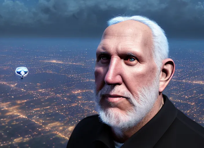 Prompt: facial portrait of greg popovich flying over san antonio, fantasy, super hero art, oil on canvas, octane render, spurs suit, trending on artstation