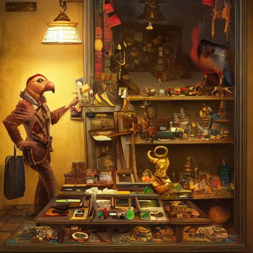 Image similar to A Anthropomorphized parrot trader in his shop, selling his wares, portrait, items, gold, carpet, window, sly expression, cunning expression, D&D, fantasy, intricate, cinematic lighting, highly detailed, digital painting, artstation, concept art, smooth, sharp focus, illustration, art by Akihiko Yoshida, Greg Rutkowski and Alphonse Mucha