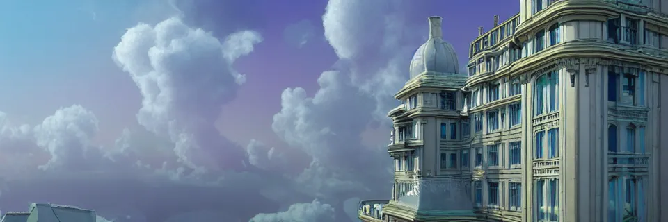 Prompt: beautiful digital illustration of a towering Art Nouveau palace in the sky, realistic clouds, pastel color scheme, concept art, deviantArt, artsation, artstation HQ, HD, 16k resolution, octane, finalRender, Unreal Engine