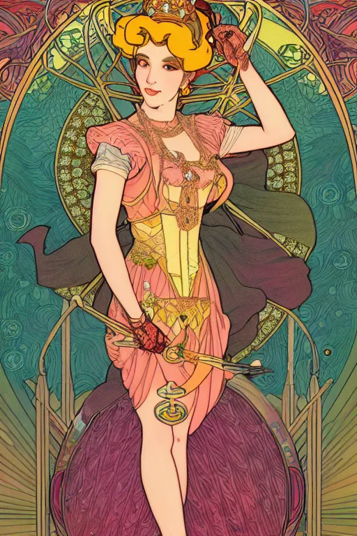 Image similar to full length portrait of princess peach art nouveau, tarot card by mucha, gaudy colors, sharp edges, octane render, intricate linework.