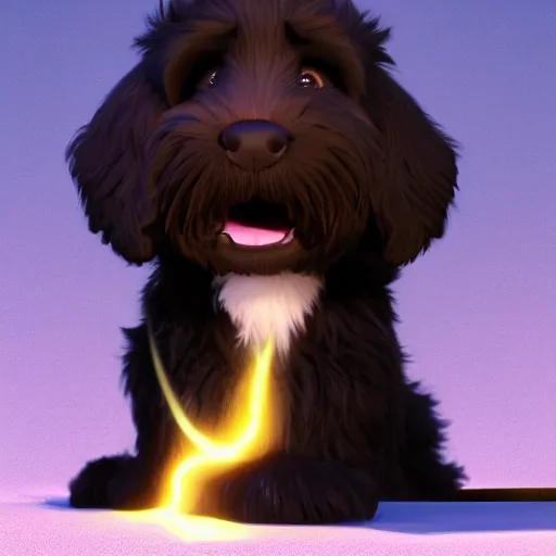 Prompt: a wholesome animation key shot of a black bernedoodle puppy, pixar and disney animation, sharp, rendered in unreal engine 5, anime key art by greg rutkowski, bloom, dramatic lighting